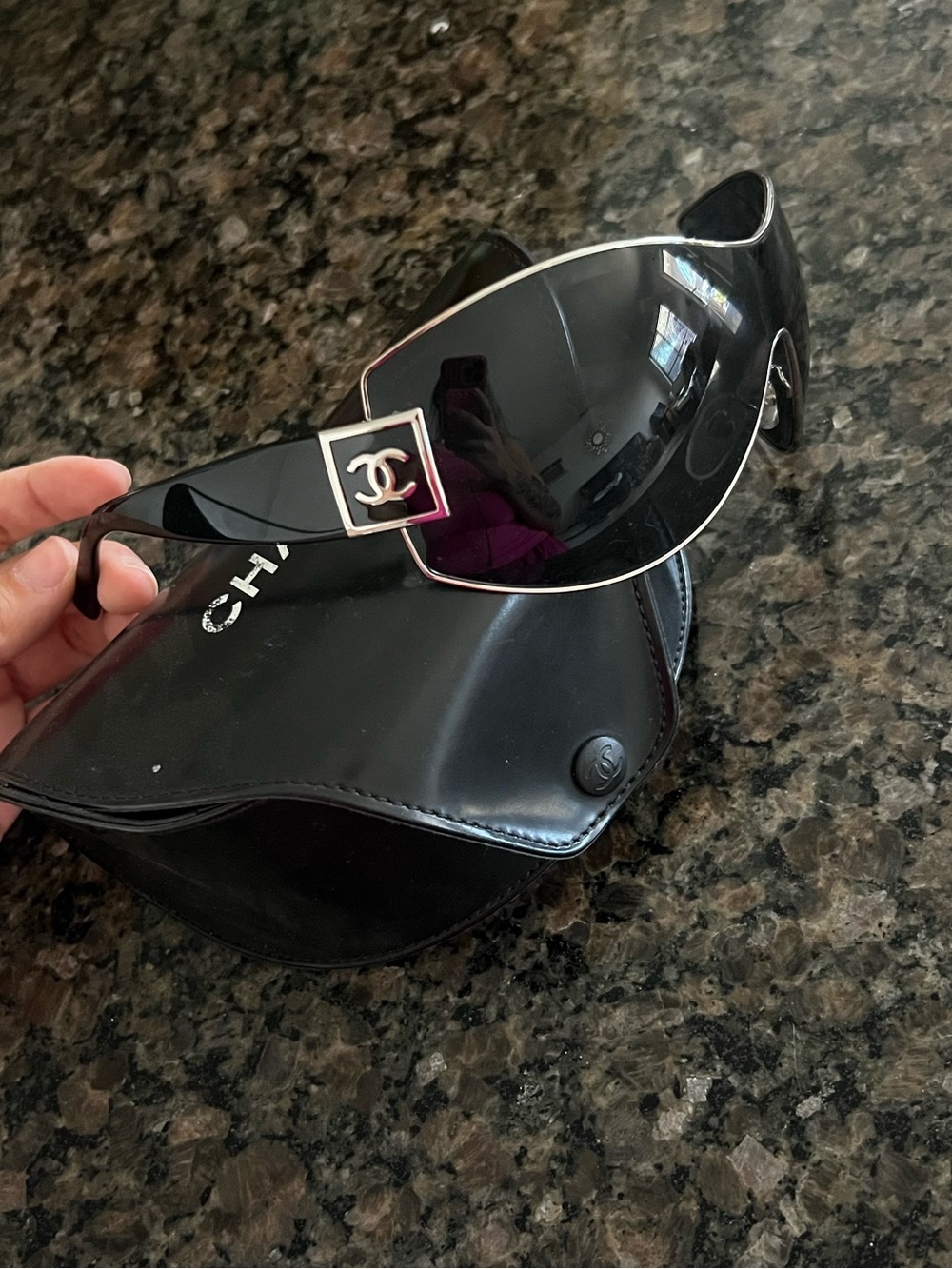 CHANEL Black Shield Sunglasses with Silver CC Accent